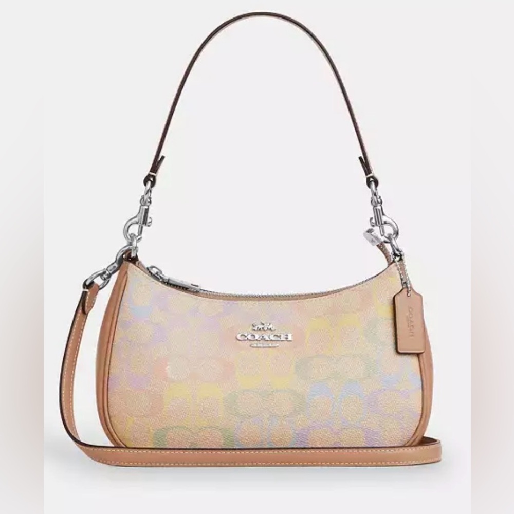 💯 Coach Teri Pastel Multicolor Signature Shoulder Bag with Tan Trim
